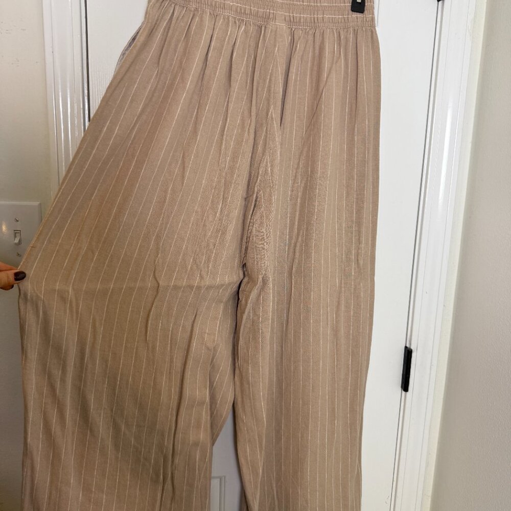 Tan + white striped linen blend pants